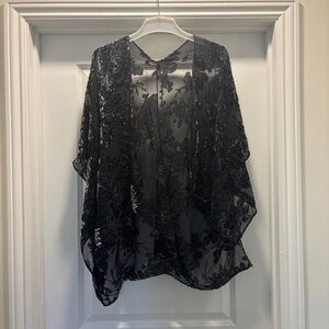 Janice Black Velvet Burnout Floral Pattern on Chiffon Open Kimono Duster